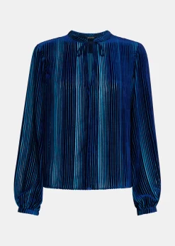 Blue Devore Stripe Velvet Blouse