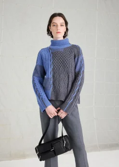 Blue Patchwork Cable Knit Sweater