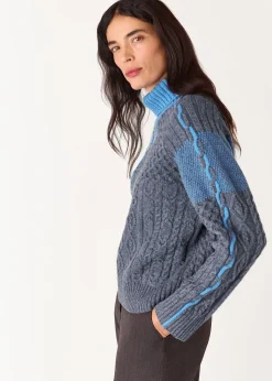 Blue Patchwork Cable Knit Sweater