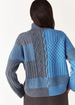 Blue Patchwork Cable Knit Sweater