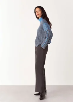 Blue Patchwork Cable Knit Sweater