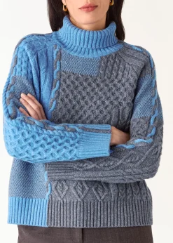 Blue Patchwork Cable Knit Sweater