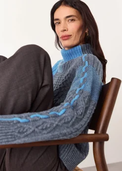 Blue Patchwork Cable Knit Sweater