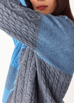 Blue Patchwork Cable Knit Sweater