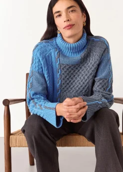 Blue Patchwork Cable Knit Sweater
