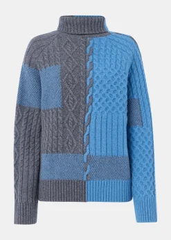 Blue Patchwork Cable Knit Sweater