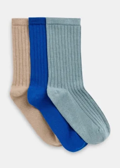 Blue Ribbed Socks Set of 3