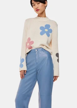Blue Straight Leg Leather Trouser