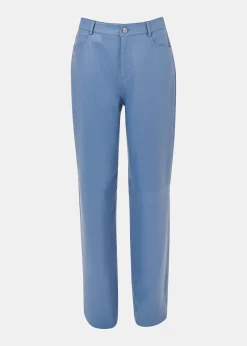 Blue Straight Leg Leather Trouser