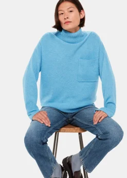 Blue Wool Roll Neck Pocket Sweater