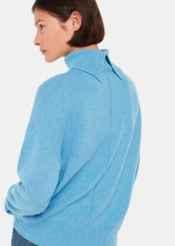 Blue Wool Roll Neck Pocket Sweater