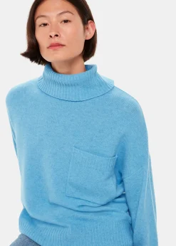 Blue Wool Roll Neck Pocket Sweater