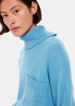 Blue Wool Roll Neck Pocket Sweater