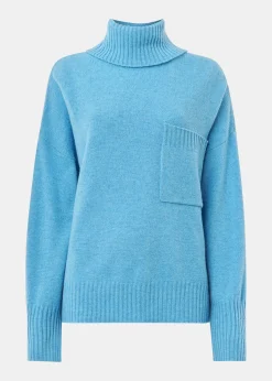 Blue Wool Roll Neck Pocket Sweater