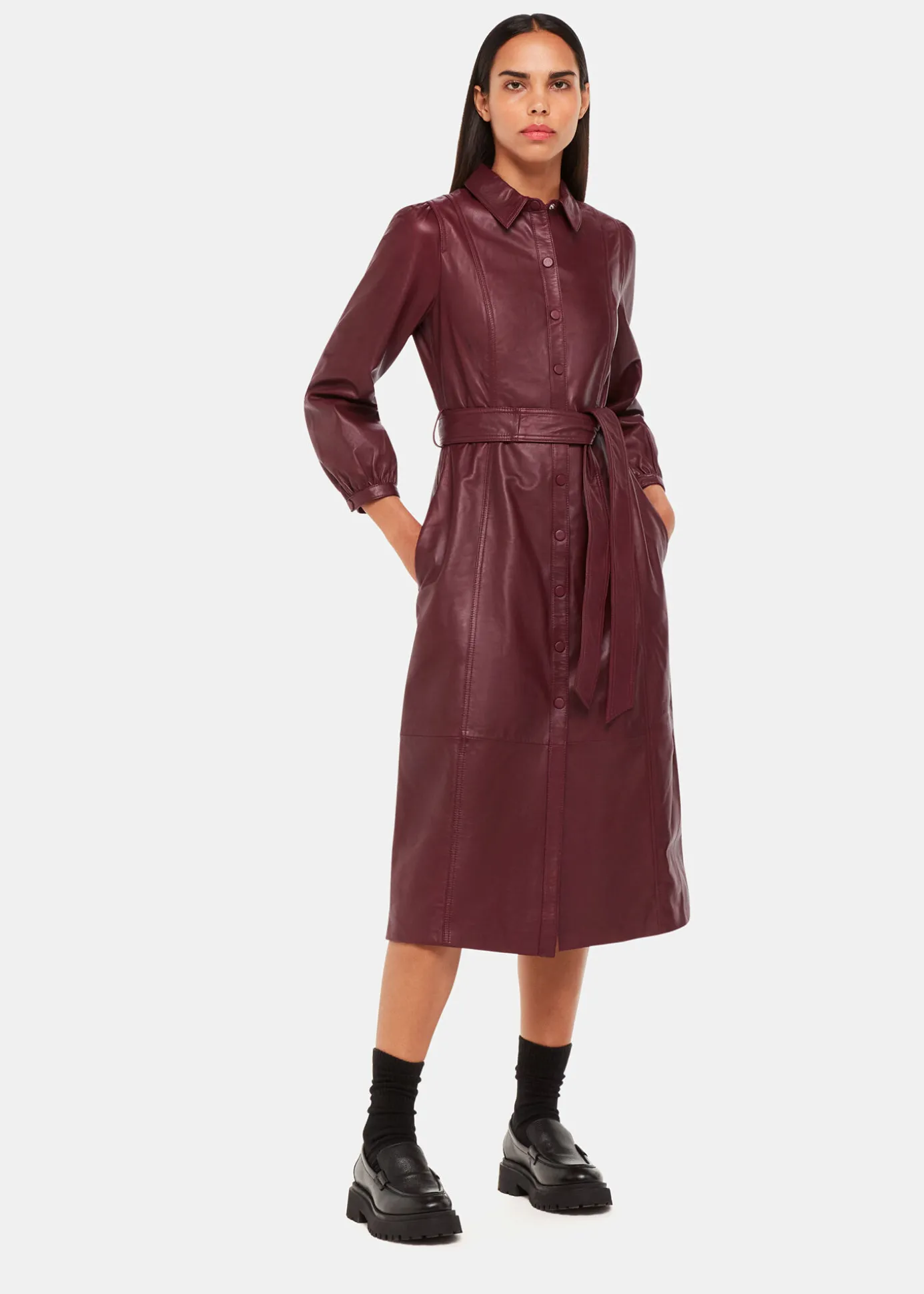 Burgundy Phoebe Leather Shirt Dress