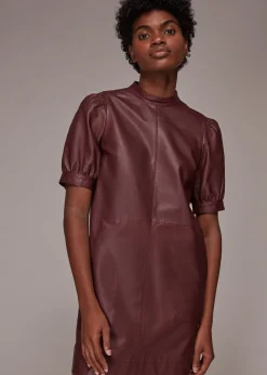Burgundy Puff Sleeve Leather Dress