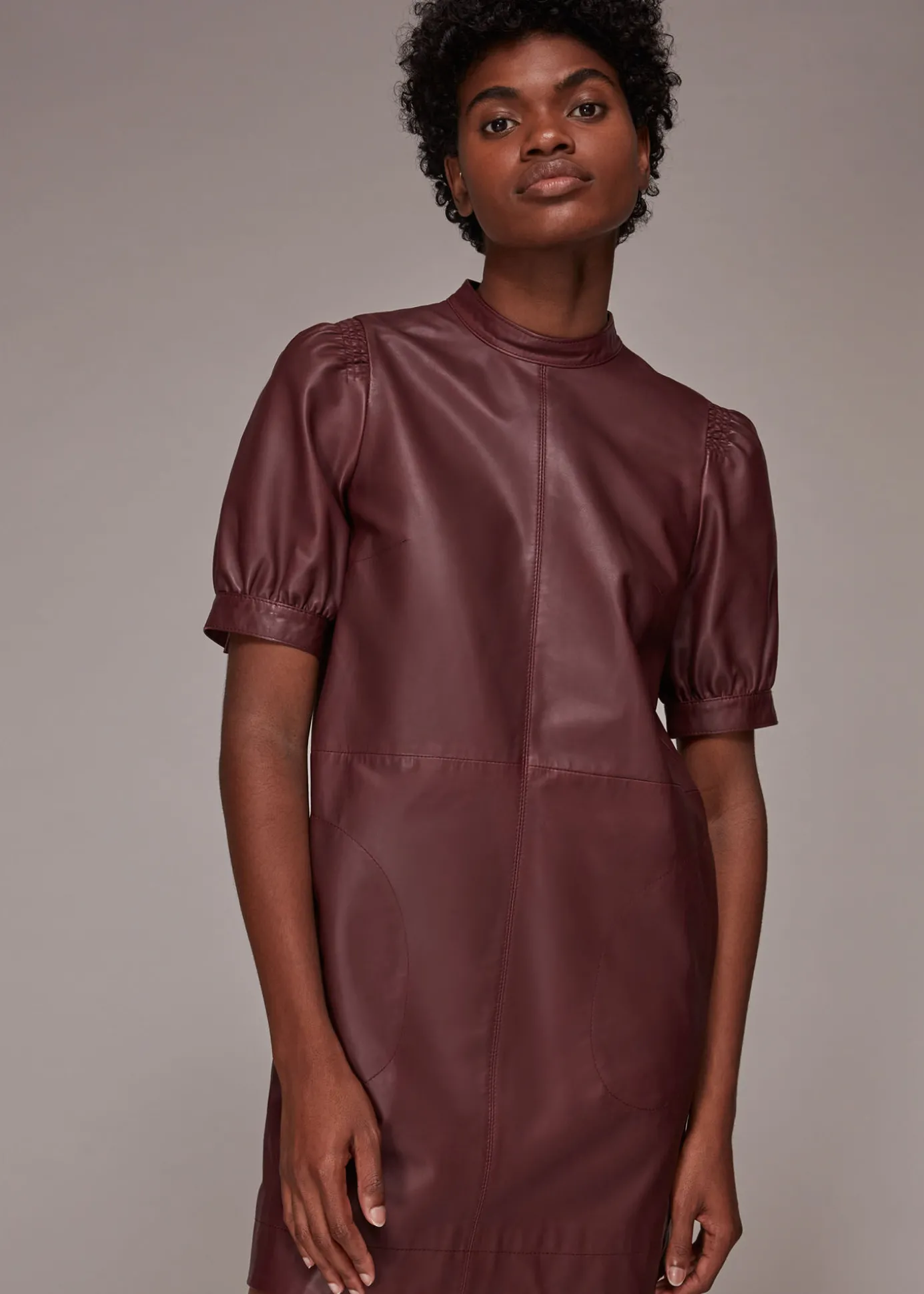 Burgundy Puff Sleeve Leather Dress
