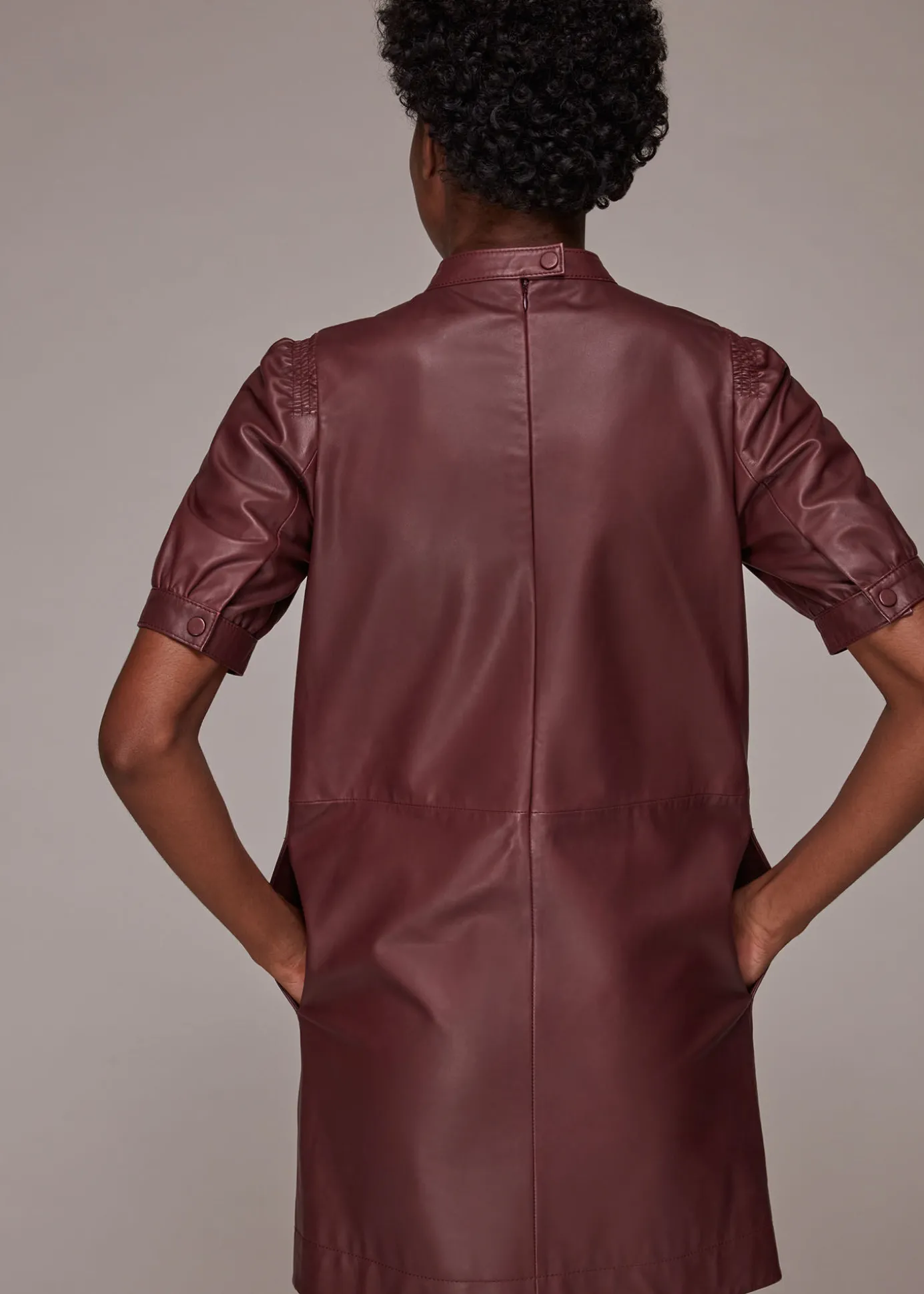 Burgundy Puff Sleeve Leather Dress