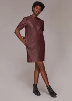 Burgundy Puff Sleeve Leather Dress
