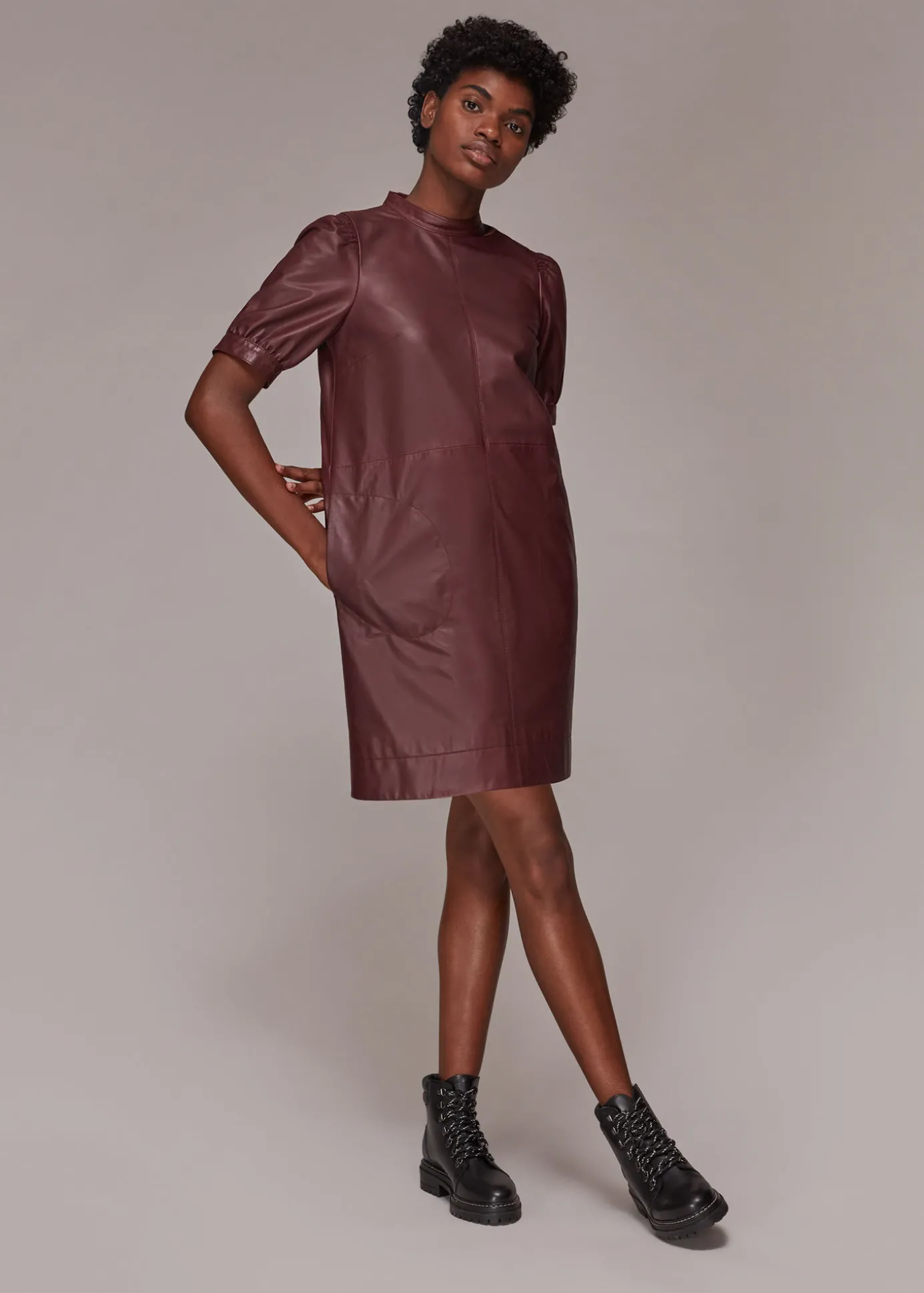 Burgundy Puff Sleeve Leather Dress