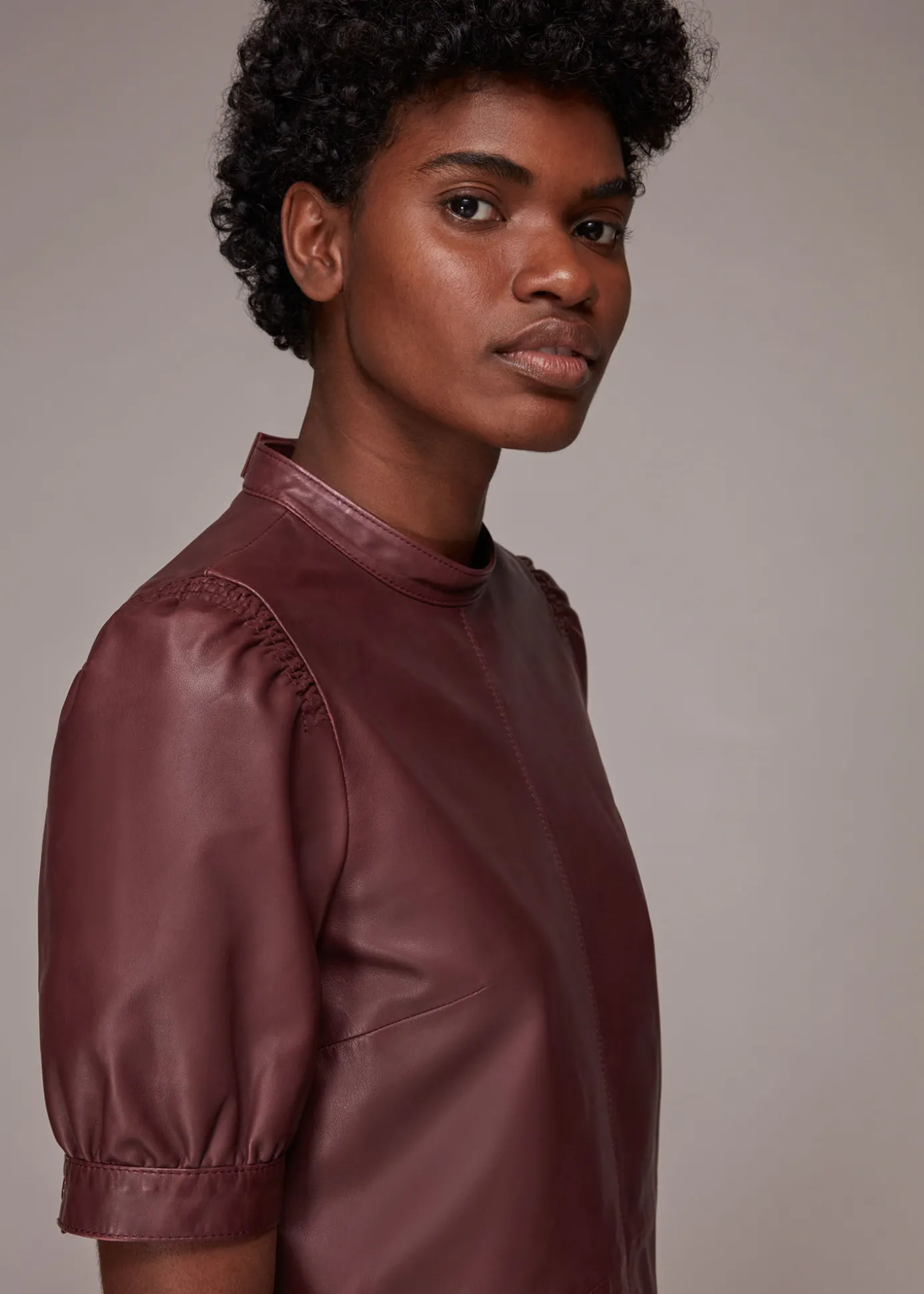 Burgundy Puff Sleeve Leather Dress