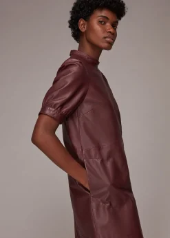 Burgundy Puff Sleeve Leather Dress