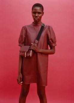 Burgundy Puff Sleeve Leather Dress