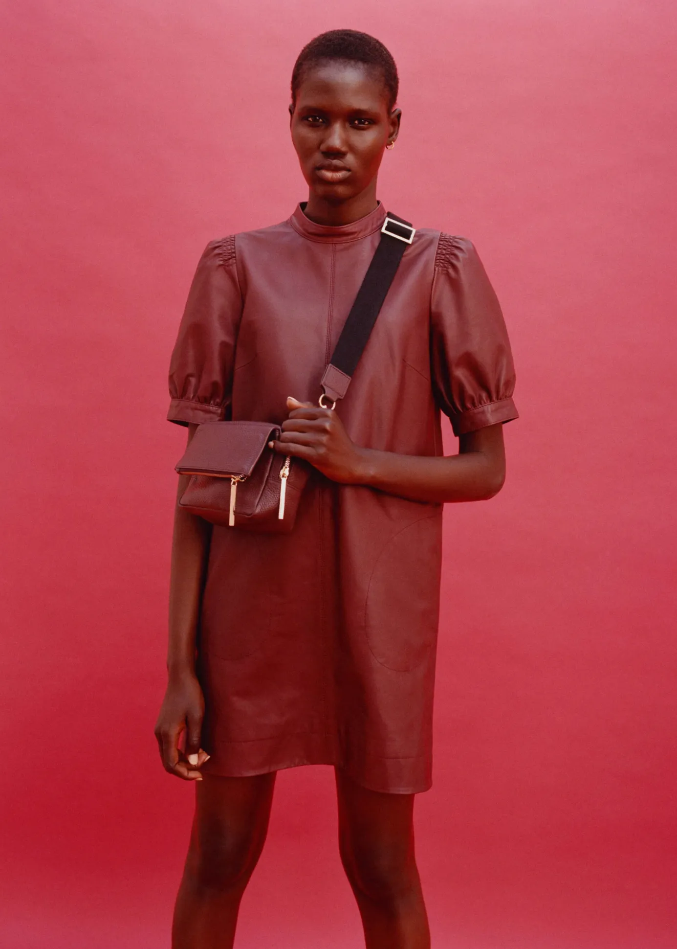 Burgundy Puff Sleeve Leather Dress