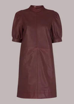 Burgundy Puff Sleeve Leather Dress