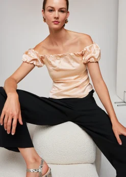 Champagne Julia Bardot Frill Sleeve Top