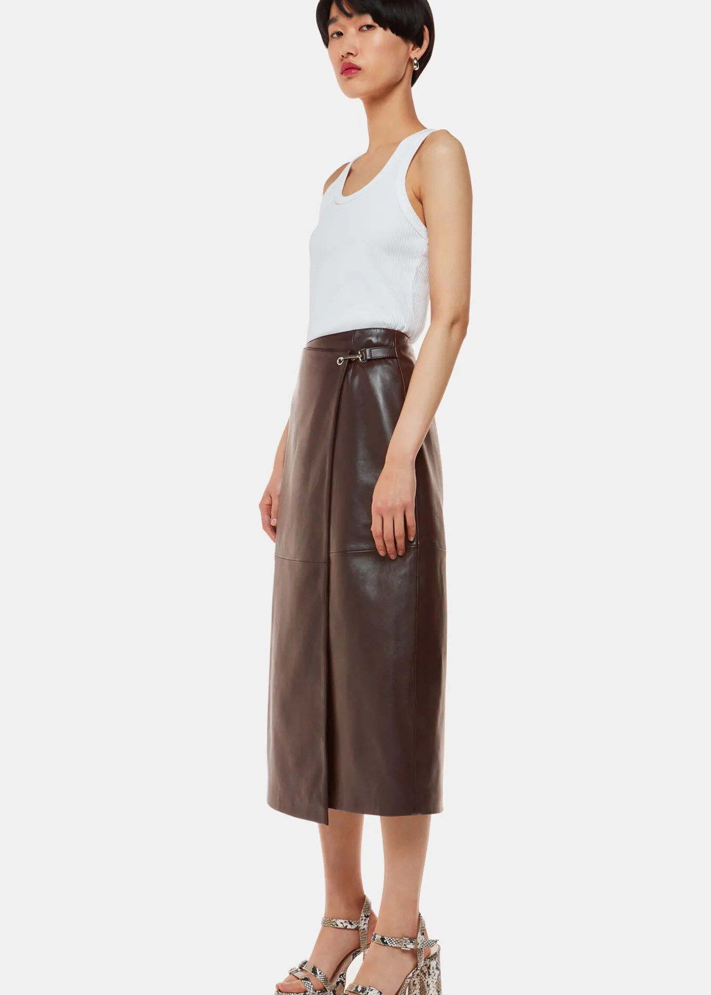 Chocolate Josie Wrap Leather Skirt