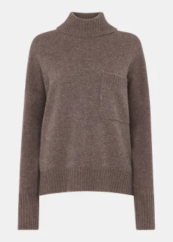 Chocolate Wool Roll Neck Pocket Sweater