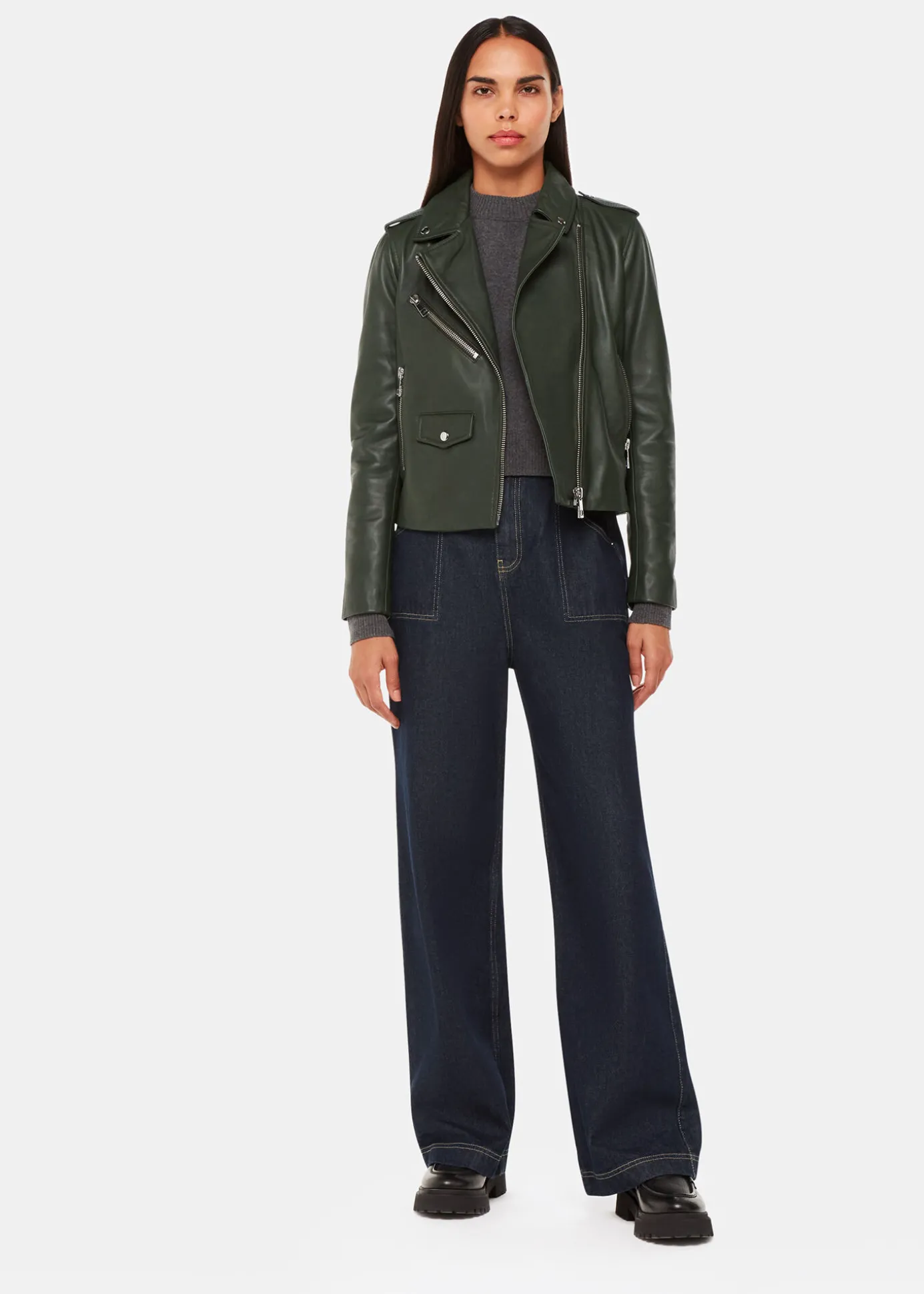 Dark Green Agnes Pocket Leather Jacket