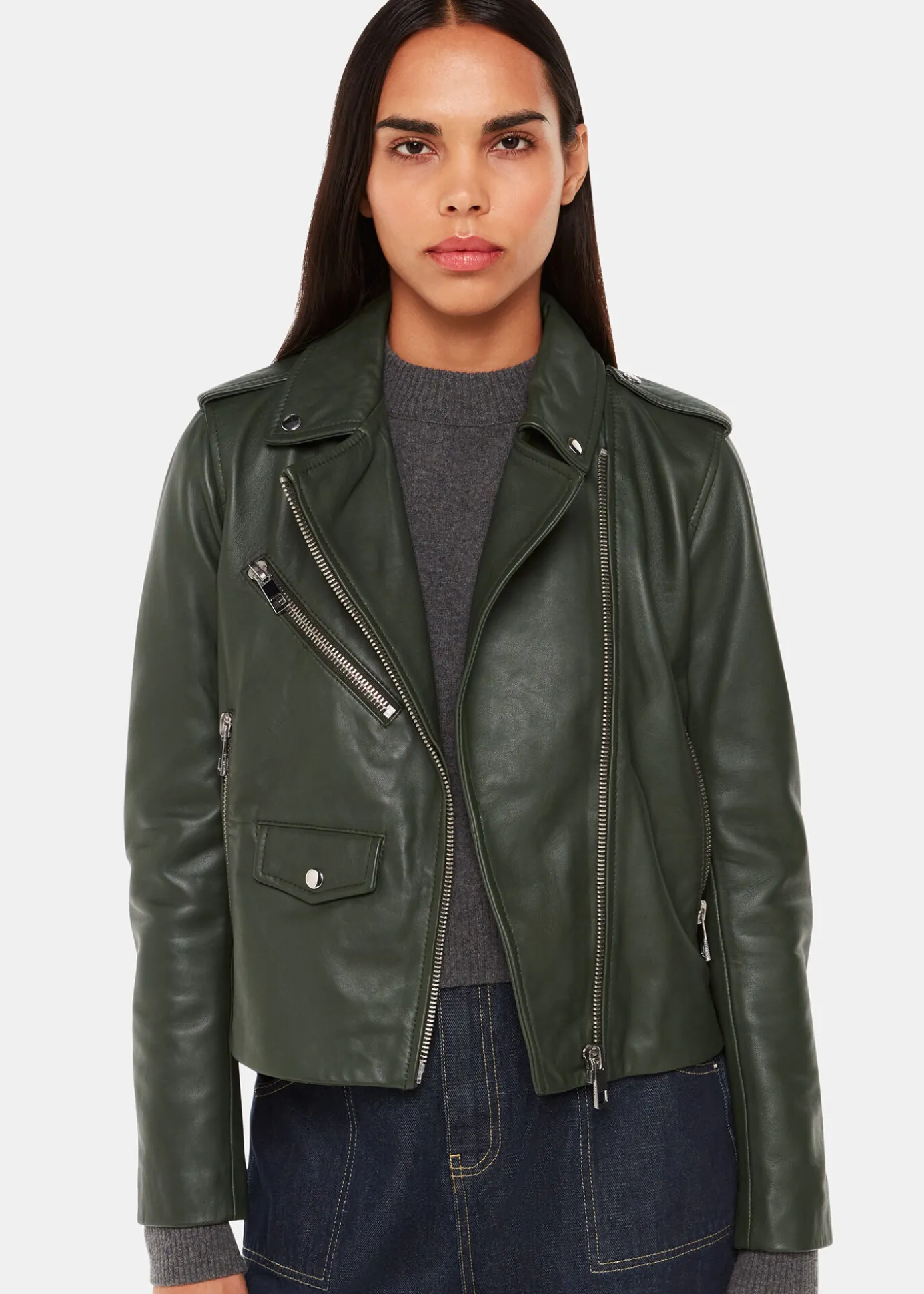 Dark Green Agnes Pocket Leather Jacket