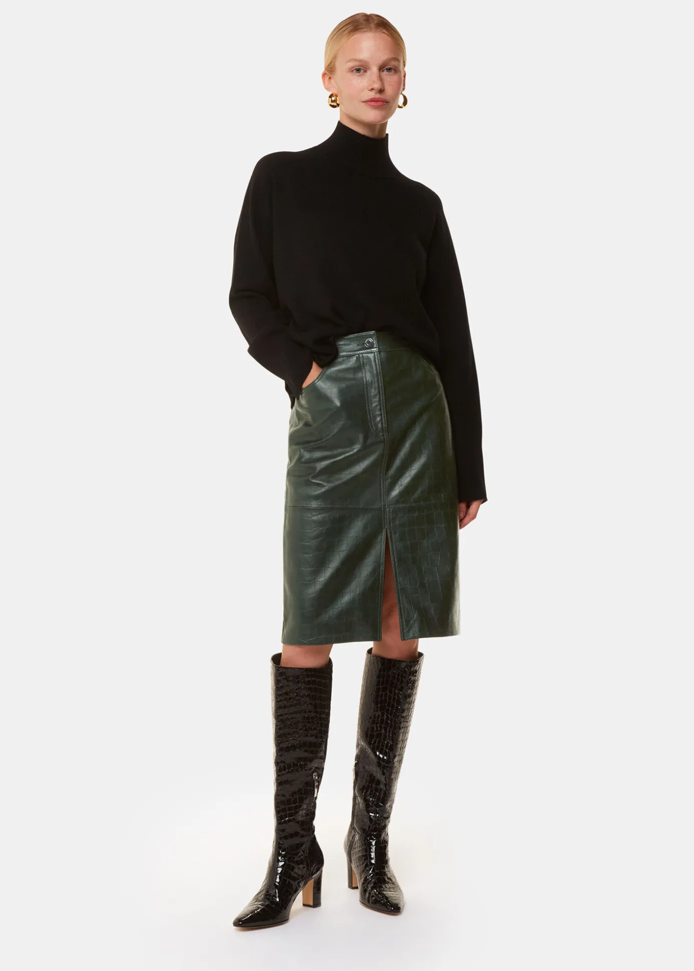 Dark Green Delia Croc Leather Skirt