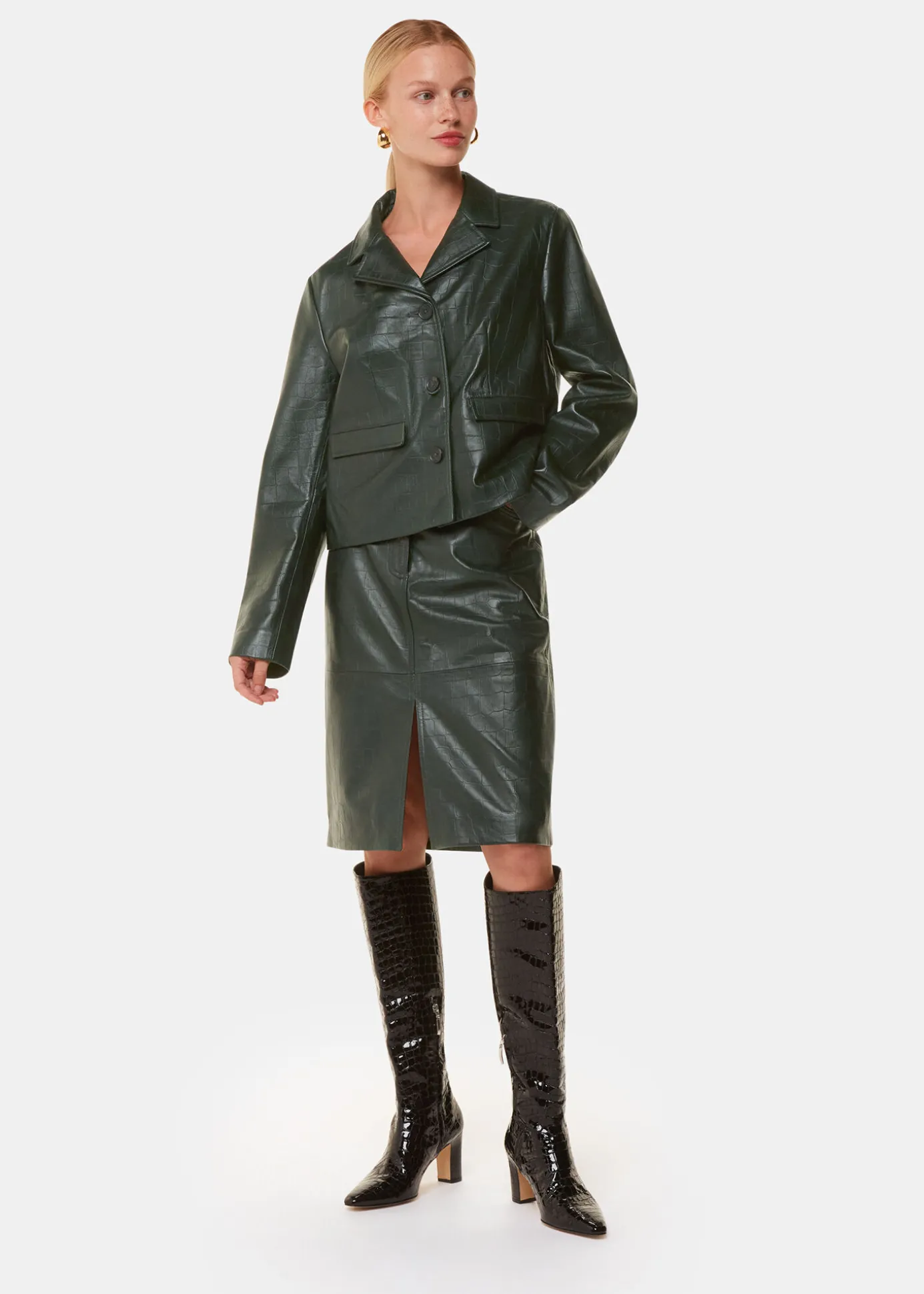 Dark Green Delia Croc Leather Skirt