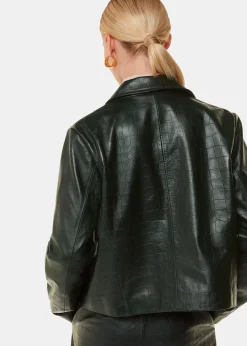 Dark Green Delia Croc Leather Jacket