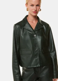 Dark Green Delia Croc Leather Jacket