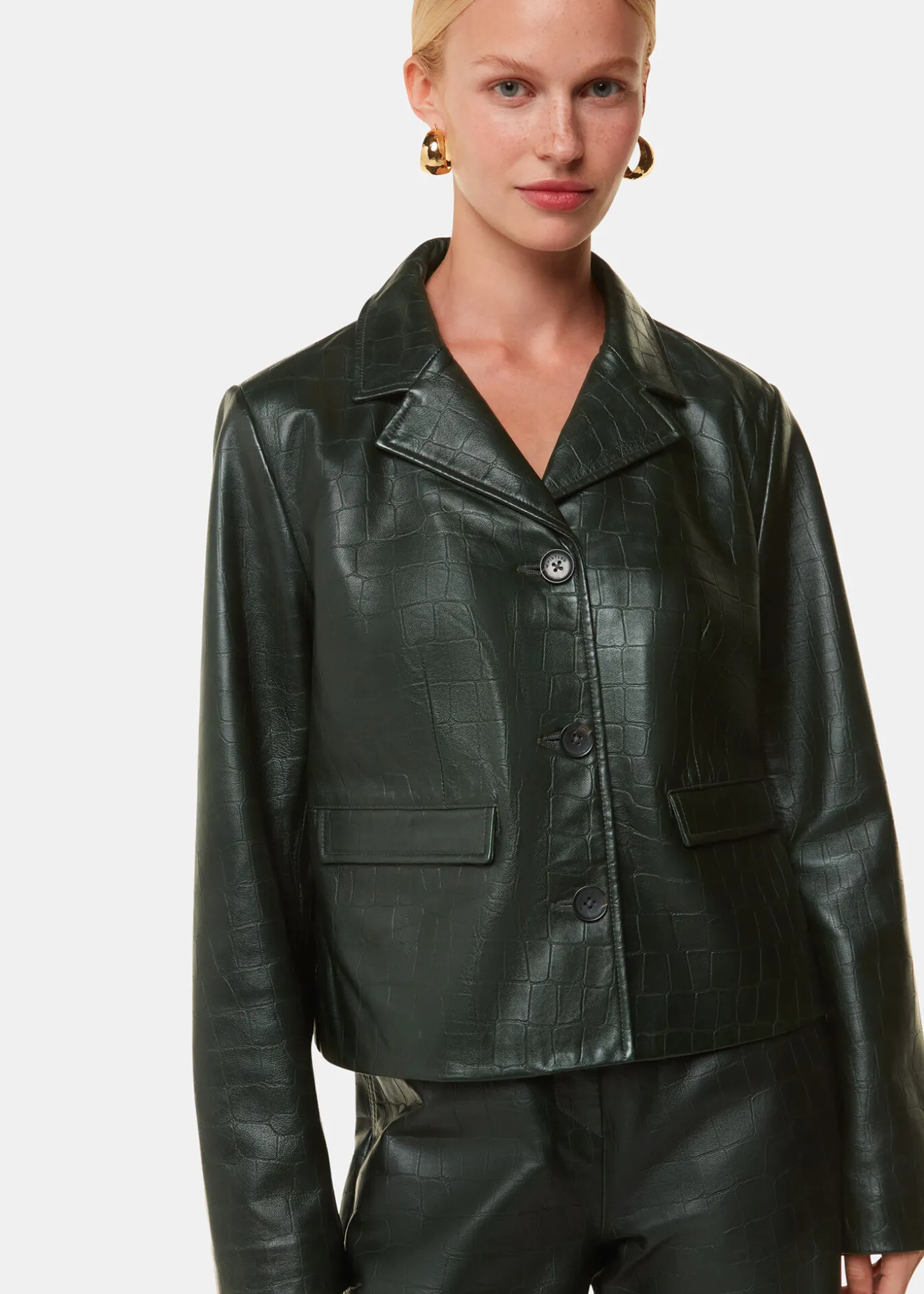 Dark Green Delia Croc Leather Jacket