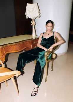Dark Green Twist Strap Velvet Jumpsuit