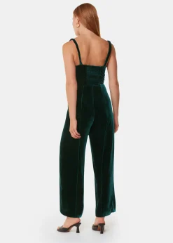 Dark Green Twist Strap Velvet Jumpsuit