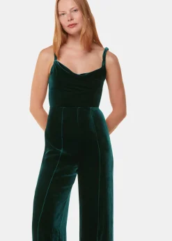 Dark Green Twist Strap Velvet Jumpsuit
