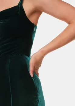 Dark Green Twist Strap Velvet Jumpsuit