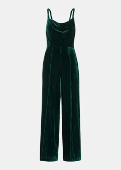 Dark Green Twist Strap Velvet Jumpsuit