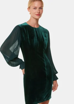 Dark Green Velvet Pleated Sleeve Dress