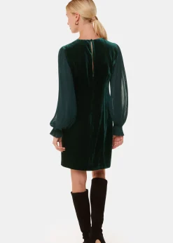 Dark Green Velvet Pleated Sleeve Dress