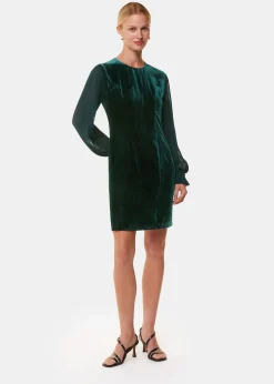 Dark Green Velvet Pleated Sleeve Dress