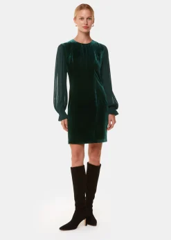 Dark Green Velvet Pleated Sleeve Dress