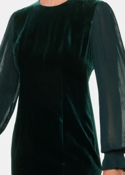 Dark Green Velvet Pleated Sleeve Dress
