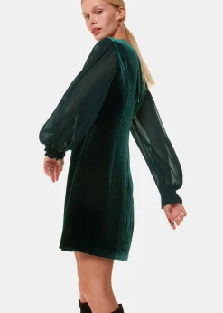 Dark Green Velvet Pleated Sleeve Dress